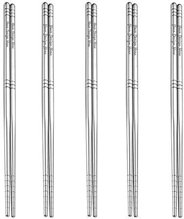 Muka 5 pares de palillos de acero inoxidable personalizados, reutilizables, antideslizantes, de metal, 5 pares