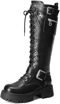 DREAM PAIRS Womens Knee High Combat Boots Platform Heels,Black,10