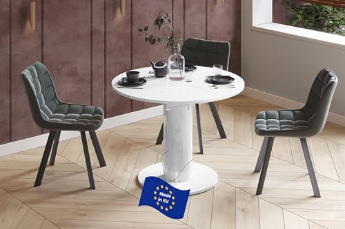 Design Esstisch rund HES-111 Weiß Hochglanz ausziehbar 100 cm bis 148 cm runder Esszimmertisch Küchentisch rund Funktionstisch oval kitchen table Esszimmer dining table Ausziehtisch Konsolentisch