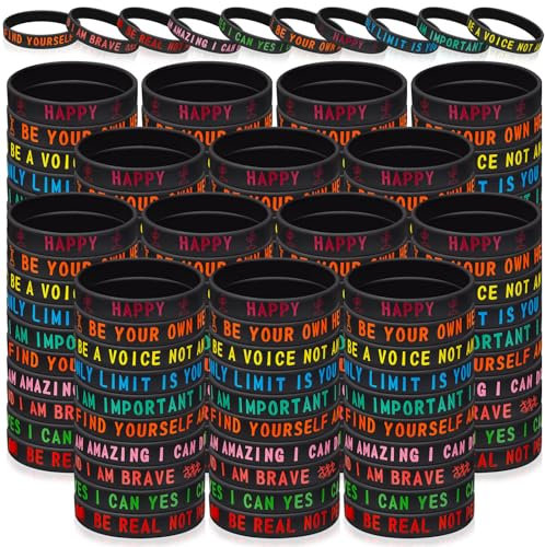Hotop Motivierende Gummi-Armbänder, dehnbar, Silikon, inspirierende Armbänder, mit Zitaten für Männer, Frauen, Erwachsene, Partygeschenke, 10 Designs (schwarz), 300 Stück