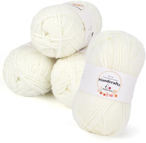 Aeelike 200g(4x50g) Häkelgarn Baumwolle zum Stricken, Langlebige Amigurumi-Set 100% Polyacryl Baumwollgarn, 5Ply Garn zum Häkeln für Socken, Mützen, Schals, Pullover, Puppen, Milchig Weiß