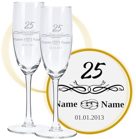 LALALO Sektglas mit Gravur 25. Hochzeitstag (2 St.), Silberne Hochzeit, Silberhochzeit Sektgläser Geschenk personalisiert/graviert, Jahrestag (Blumenherz)