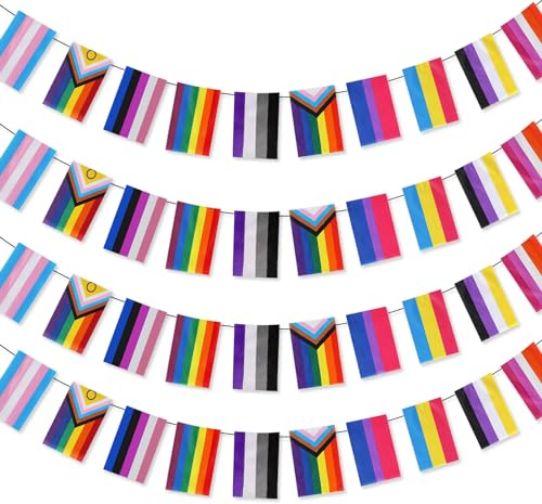 32.8Ft Pride Decorations Bunting Banner,Polyester Rainbow Bunting 30Pcs Different Pride Flags Rectangle Gay LGBTQ Vivid Color Stripes Banner Accessories For Pride Month Outdoor Home Garden Party Decor