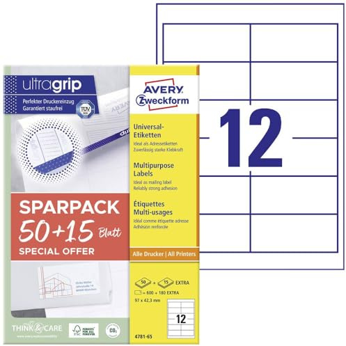 AVERY Zweckform 4781-65 Adressaufkleber (600 plus 180 Klebeetiketten extra, 97x42,3mm auf A4, Papier matt, bedruckbare Absenderetiketten, selbstklebende Adressetiketten mit ultragrip) 65 Blatt, weiß