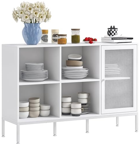 HOMCOM Mobile Buffet con 4 Ripiani Aperti Regolabili e Armadietto con Anta a Rete, Mobile Contenitore in Truciolato e Acciaio, 120x37x81.5 cm, Bianco
