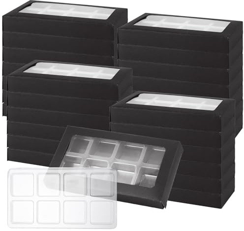 MUXHEL 60 Pcs Wax Melt Containers, 8-Cavity Plastic Wax Melt Molds with Kraft Paper Wax Melt Boxes, Black Gift Boxes for Wax Melts, Wax Candle Soap Making
