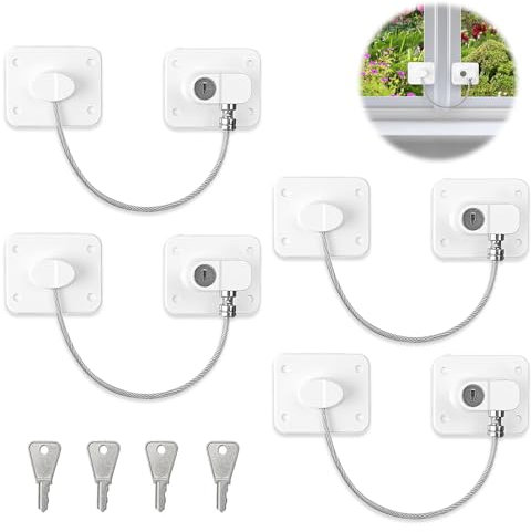 mizikuu 4 Pièces Securite Fenetre Enfant, Serrures Protection Fenetre Enfant avec 4 Clés Adhésive Câble de Limitation Serrures de Porte du Réfrigérateur pour Armoire Tiroir Placard Fenêtres Laveuse