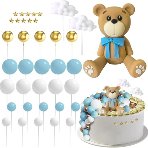 FYSL Tortendeko Taufe, 38 Stück Teddybär Kuchen Dekoration, Tortendeko Kugeln, Wolke, Sterne, Cake Topper Hochzeit, Teddybär Geburtstagstorte Deko für Mädchen Junge