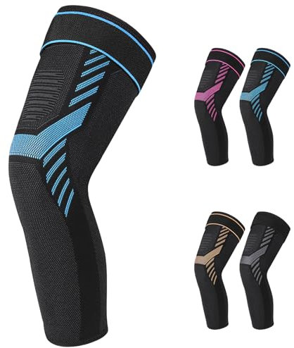 Ginocchiere lunghe compresse con fascia regolabile in velcro, ginocchiera per uomo e donna, per sollevamento pesi, basket, menisco, artrite (blu, L)