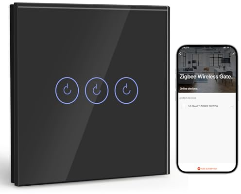 BSEED Smart ZigBee Interrupteur Encastré 3 Gang 1 Voie, Interrupteur Mural Intelligent avec Alexa et Google Home, Interrupteur à Écran Tactile (Neutre, Hub Gateway Nécessaire) Noir