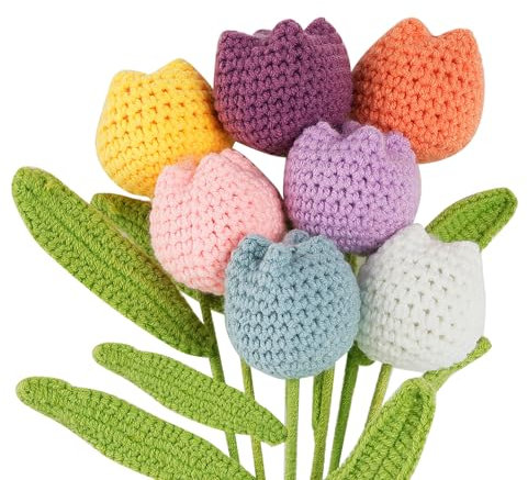 CHENGCKJ 7PCS Artificial Tulip Crochet Flowers Bouquet Handmade Knitted Flowers DIY Crocheted Tulipane Woven Floral for Home Decoration, Wedding Bouquet, Gift