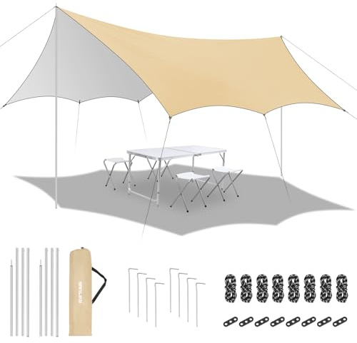 SAN LIKE Tarp, telo per tenda impermeabile, Telone per Tenda da Campeggio Impermeabile 3 x 4,5 m, ultraleggero con asta di supporto, 8 picchetti e 8 fili di nylon per tende, attività all'aperto