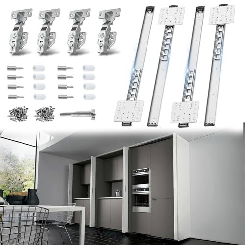 Sliding Hidden Door Track, Pocket Door Hardware, Smooth Gliding Pocket Door Slides with Hinges for Cabinet and Recessed Doors (22IN, Set, 2)