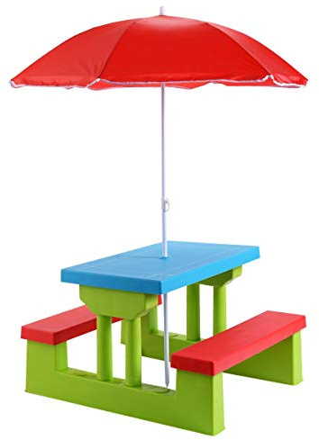 COSTWAY Kindersitzgruppe Outdoor mit Sonnenschirm, Kinder Picknicktisch mit Tisch & 2 Sitzbänke, Kinder Sitzgarnitur Garten, Kindertisch Gartenmöbel für Hinterhof, Terrasse (Bunt)