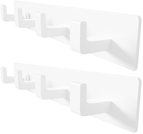 GWAAZXGZ Perchero de Pared Blanco – Riel Metálico Moderno de 32 cm con 4 Ganchos en Ángulo Recto, Organizador con Taladro para Abrigos, Sombreros y Bolsos en Entrada, Baño o Dormitorio (Paquete de 2)
