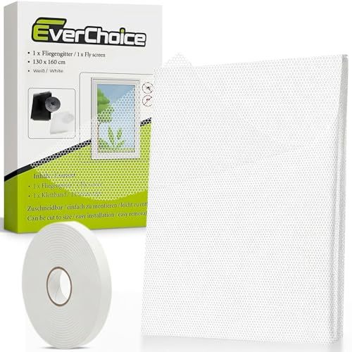 EverChoice Moustiquaire pour fenêtre - 130 x 160 cm - Blanc - 1 pièce - Polyester - Moustiquaire sans perçage - Avec bande - Découpable