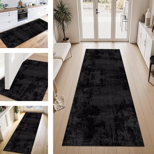 Teppich Läufer Flur Küche rutschfest Schwarz Dunkelgrau Teppichläufer Kücheläufer Waschbar 80X250CM Meterware Küchenteppich Läuferflurteppich für Wohnraum Schlafzimmer Kinderzimmer Schmutzfangläufer