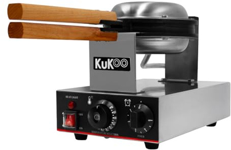 KuKoo Gaufrier Rond à Moule Unique Commercial Rotatif Professionnel 1000 W 50° à 250°C 2 Plaques PTFE Anti-Adhésif Minuterie Croque Monsieur Gaufres Belges Américaines CHRD HORECA [Pinces INCLUS]