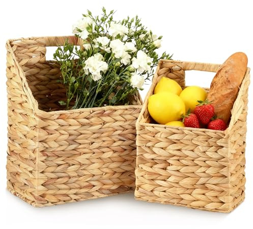 KTCINA Set of 2 Hanging Storage Basket, Wicker Water Hyacinth Wall Hanging Basket with Handle Woven Wall Baskets Rattan Woven Storage Organizer for Front Door Mails, Files, Books, Plants, Flowers