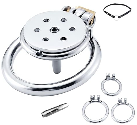 Cage de Chasteté Plate pour Pénis Sex Toys Chastity Cage Man en Acier Inoxydable avec Cathéter et Trois Anneaux Différents Cage Chastetée avec Ceinture et Serrure pour Bondage le Pénis (L)