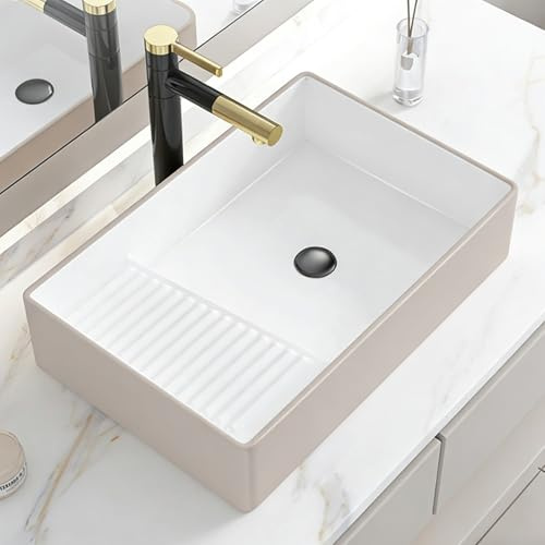 Vasque a Poser, Lavabo Salle de Bain avec Planche à Laver en Céramique avec et Robinet Extractible, avec Égouttoir et Tuyau d'Evacuation, Conception Antifuite