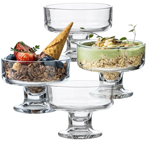 JGKYLDZ 7oz Glass Dessert Bowls,Ice Cream Parfait glasses-Clear Footed Dessert Cups for Sundae Snack Candy Fruit Milkshakes Sherbet Trifle & Cocktail Party (4)