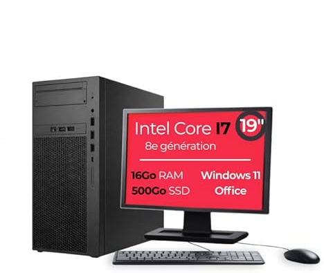 PC Tour Bureau Reconditionné Intel Core 8e Génération | 16 Go RAM | SSD 500 Go | Windows 11 Pro | Écran + Clavier & Souris | Pack Prêt à l’Emploi (19, I7-8e gen)