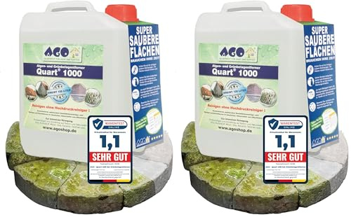 AGO Quart 1000 Grünbelagentferner 5 Liter - chlor- und säurefrei / 1000 qm Algen und Grünbelag Entferner/Steinreiniger/Terrassenreiniger/Grünspan Entferner/Naturstein Reiniger (Packung mit 2)