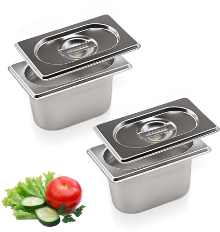 QKNOSM 2 PCS Stainless Steel Gastronorm Pan 1/9 with Lid, Stainless Steel Food Containers 100 mm Deep Steam Table Pans Metal Gastronorm Tray for Home 17.6×10.8 cm