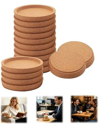 16 Stück Korkuntersetzer Rund mit Rand, Kork Untersetzer Absorbierende HitzebestäNdige Runde Kork Untersetzer für BüRo Hause Küche und Esstisch, Holz Matte Tischoberflächenschutz für Meisten Tassen