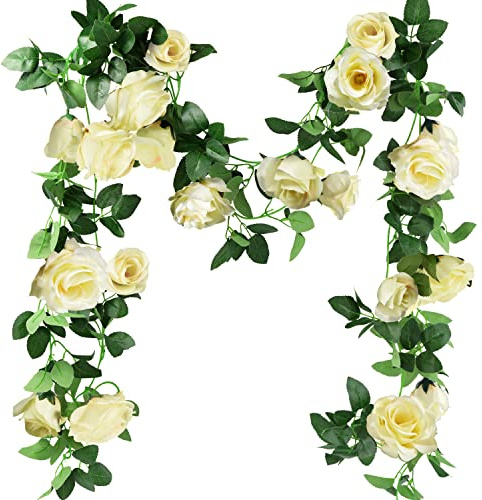 FiveSeasonStuff Cream White Artificial Rose Garlands, Set of Two Silk Flower Vines, Total Length 4.4 Metres for Home Interiors and Decorative Displays