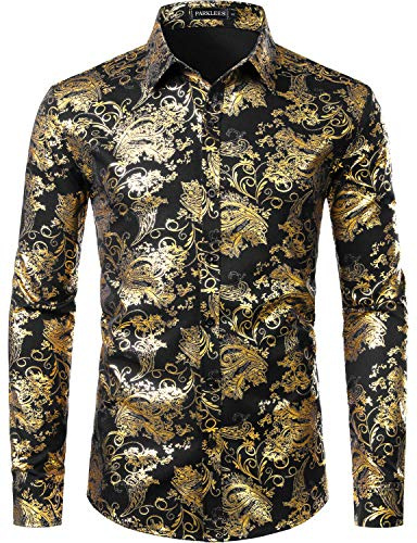 PARKLEES Men's Luxury Paisley Gold Shiny Printed Stylish Slim Fit Button Down Dress Shirt PZLCL18 Black Gold XL
