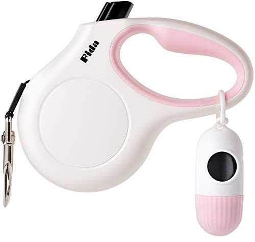 Fida Retractable Dog Leash for Small Breed up to 26 lbs, 16 ft Pet Walking Leash with Dispenser and Poop Bags, Anti-Slip Handle, Reflective Strong Nylon Tape, One-Handed Brake (S, White & Pink)