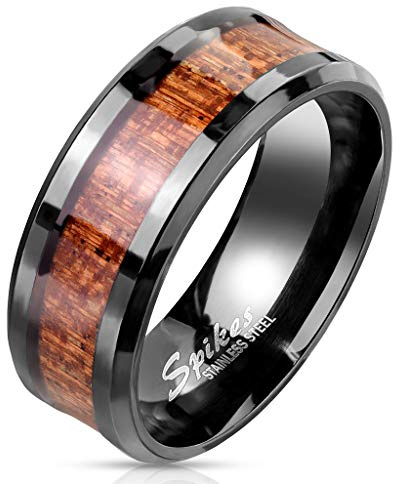 Paula & Fritz® Ring Damen Holz Inlay 316L Chirurgenstahl Größe 54 (17,2) - 70 (22,3) Silber Schwarz Herren-Ring Freundschaftsring Partnerring Ehering