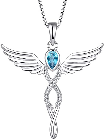 FJ Engelsflügel Kette Damen 925 Sterling Silber Schutzengel Anhänger Halskette Infinity Unendlichkeit Kette mit Geburtsstein Zirkonia Schmuck Geschenke für Frauen Mädchen