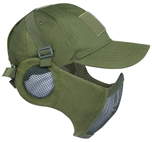 Yzpacc Airsoft Halbgesichtsmaske und Patch-Hut Set Stahlgeflecht Maske mit Ohrenschutz und Baseballkappe Taktische Schutzmaske für CS Spiel BB Gun Paintball Jagd Schießen