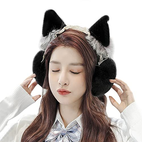 FakeFace Süße Damen Mädchen Winter Ohrenschützer Ohrenwärmer Outdoor Faux Fur Katze Earmuffs Warme Plüsch Ohrwärmer Ear Muffs Winterzubehör Outdoor Ohrenmuscheln (Schwarz)