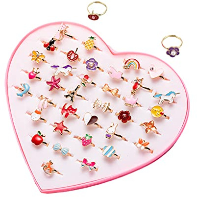 36 Pièces Bagues Enfants Fille,Réglables Bague avec Boîte De Coeur Rose,Bague Couleur Princesse,Ensemble de Bagues Petites Filles Pour Festival Cadeau Fête, Plastique, Plastique, No Gemstone