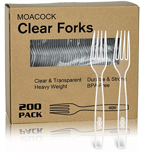 MOACOCK 200 Count Clear Disposable Plastic Forks, Heavy Weight Disposable Forks Plastic Utensils for Parties, Picnics, Big Event, Daily Use
