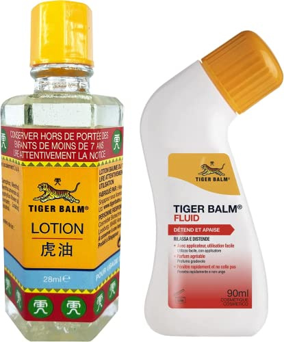 BAUME DU TIGRE 1 x Baume du Tigre Lotion - Huile de massage chauffante, 28 ml + 1 x Baume du Tigre Fluid - Lotion Apaisante avec Tampon Applicateur, 90 ml (Lot de 2)