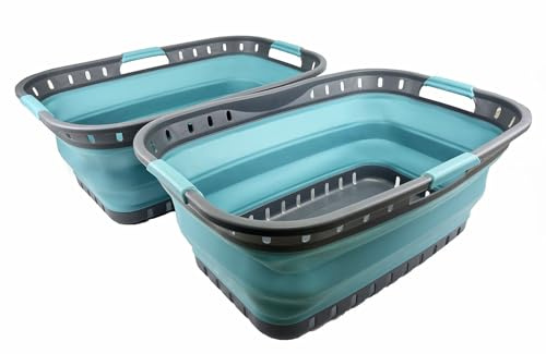 SAMMART 44L Zusammenklappbarer Kunststoff-Wäschekorb – Faltbarer Pop-Up-Aufbewahrungsbehälter–Tragbare Waschwanne–Platzsparender Wäschekorb, Wasserkapazität: 35L (Grau/Kristallblau (2er-Set))