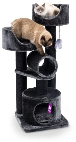 Petrebels Kratzbaum Extra Stabil und Kompakt, Victoria 125 cm, Schwarz | mit dicke Bodenplatte, Ø 12 cm Stämme, waschbaren Kissen, mit Höhle und Spieltunnel, auch ideal für senioren Katzen