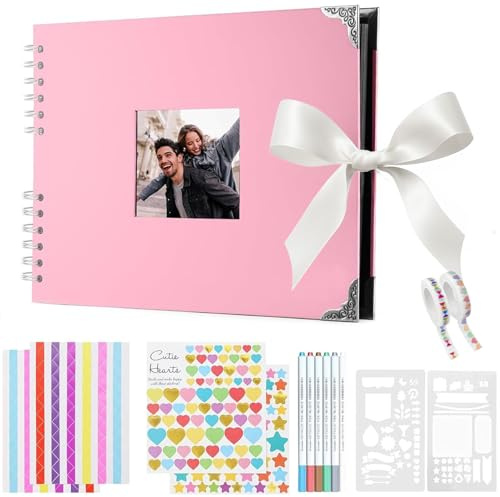 Newthinking Scrapbook with 80 Black Pages, 11.5x8.5Inches Couples Scrapbook | Pink Cover with Photo Window, 80 Black Pages, Metal Corner, Anniversary, Wedding, Birthday, Including Stickers, Pen