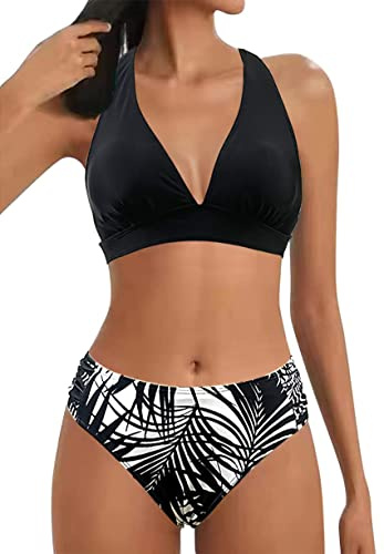 Bikiniset för kvinnor, V-ringning, baddräkt, hög midja, snörning, medelhög midja, tvådelad baddräkt, breda axelband, triangelbikini, push-up, Löv, L