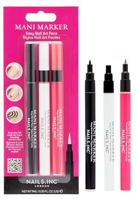 Nails.INC Mani Marker Trio, Easy to Use Nail Polish Art Pen With Precision Tip, Quick Drying, Cruelty Free, Vegan, Includes Bright White, Bubblegum Pink and Mascara Black