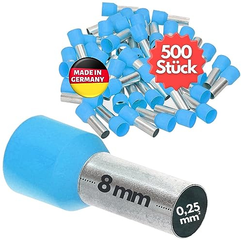 Kalitec 500x AE02508HBL Trådhylsor - Isolerade Ändhylsor 0,25 mm² - Blå | Isolerade kabelhylsor med plastkrage för elinstallationer, 8 mm längd, förtennad koppar, lämplig för presstång