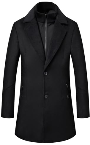 Sliktaa hommes manteau de laine épais trench-coat longueur moyenne manteau encoche col manteau chaud hommes manteaux d'hiver avec coupe-vent amovible col intérieur,Noir,L