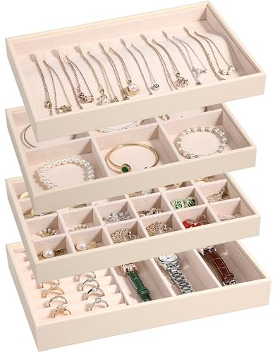 LANDICI Stackable Jewelry Organizer Trays 4 Set,PU Leather Jewelry Organizer Drawer,Jewelry Storage Display Tray for Earring Necklace Rings Bracelet with Removable Dividers,Apricot
