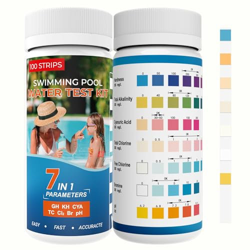 Pool Teststreifen 7IN1 Teststreifen Pool 100 Stück, Genauer Teststreifen für Pool,Spa,Ausreichend Pool Tester für pH,Härte,Gesamtalkalität,Cyanursäure,Gesamtchlor,freies Chlor Brom