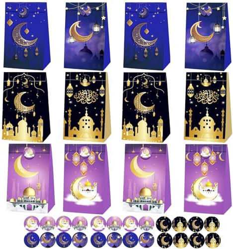 KIKVTER 12 Stück Eid Mubarak Geschenktüten, Muslim Ramadan Partytüten mit Aufkleber, Eid Mubarak Tüten, Ramadan Papiertüten Kraftpapier Tüten, Kraftpapier Tüten Kinder Geschenk für Party Dekorationen